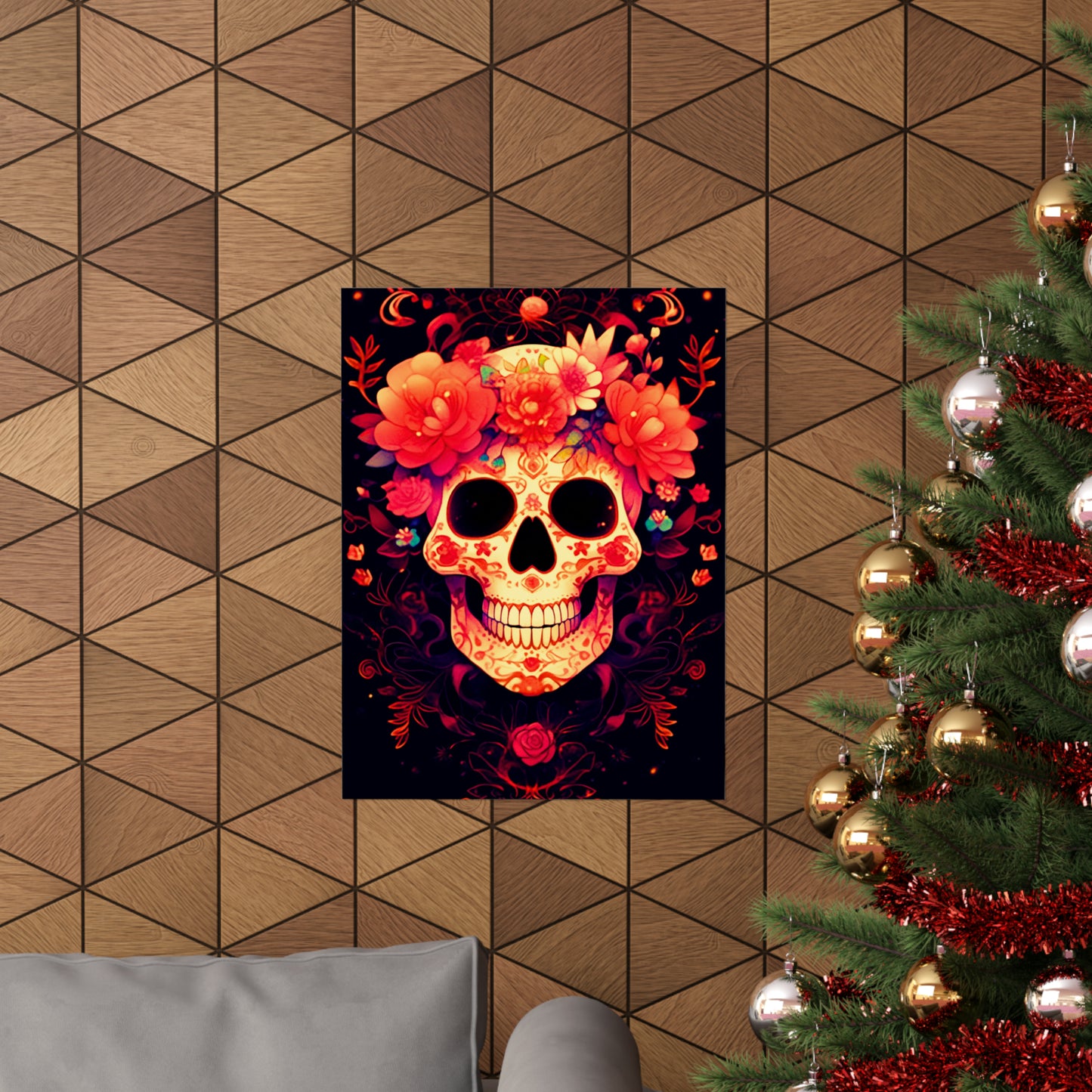 Exquisite Intricate Sugar Skull with Vibrant Marigold Flowers and Delicate Lace Patterns