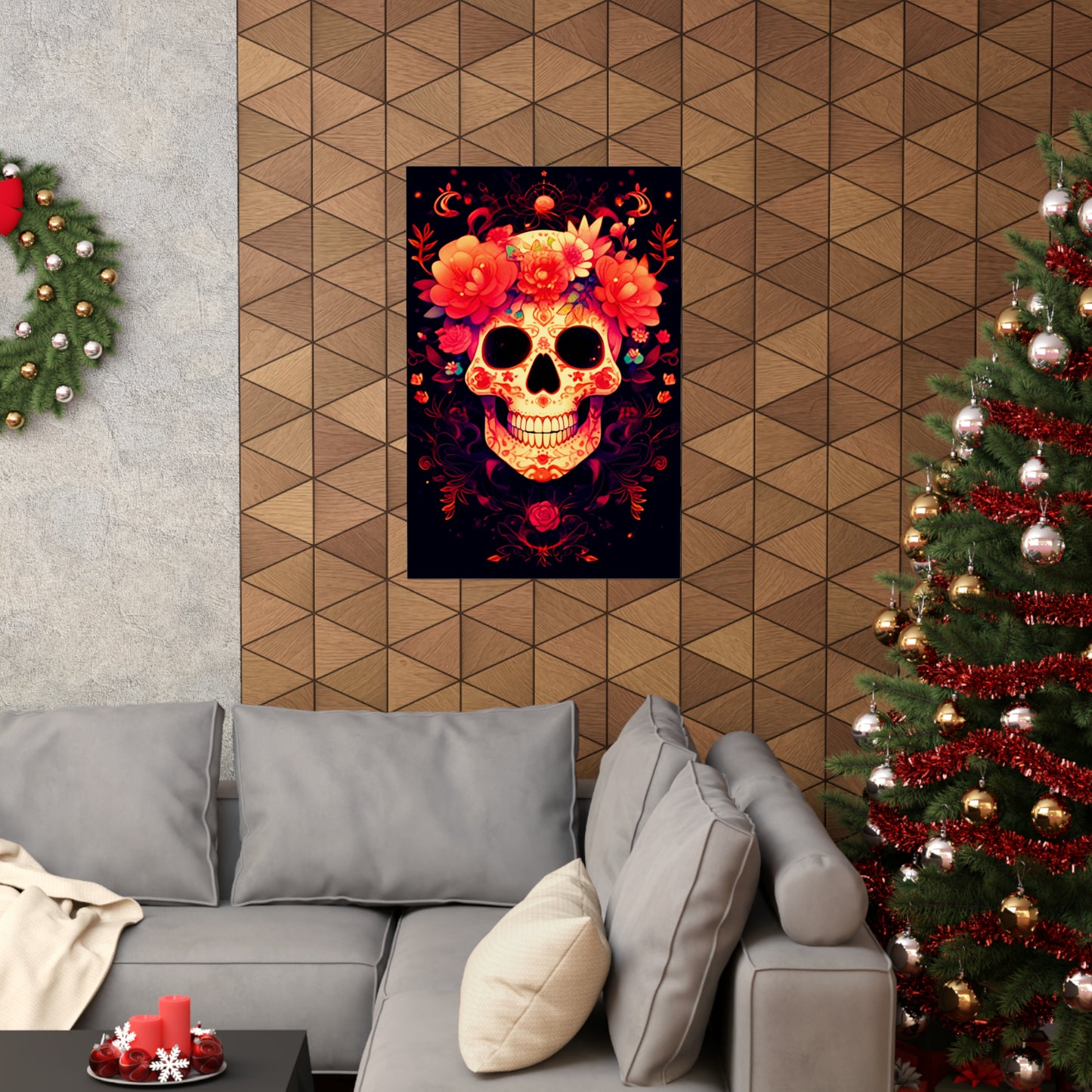 Exquisite Intricate Sugar Skull with Vibrant Marigold Flowers and Delicate Lace Patterns