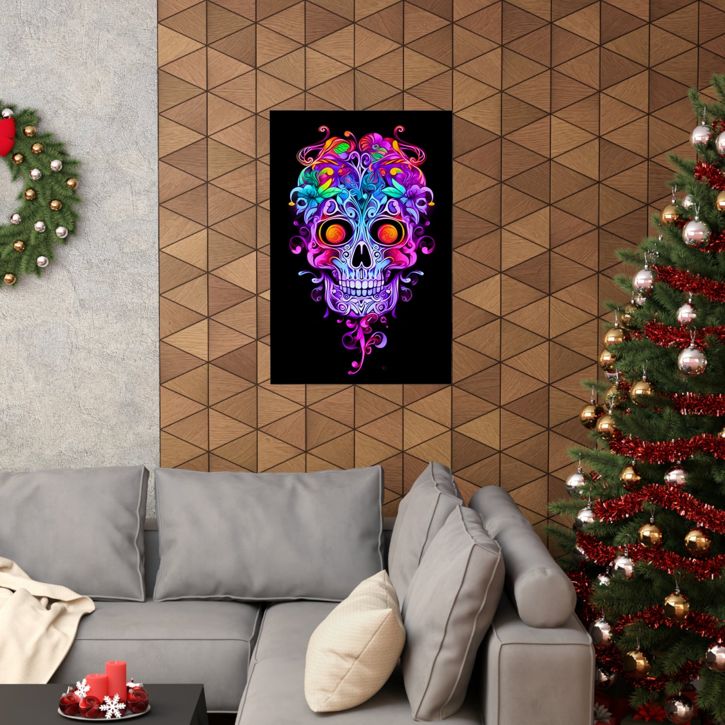 Art Nouveau Delight: Exquisite Neon Sugar Skull with Intricate Vines and Ornate Filigree