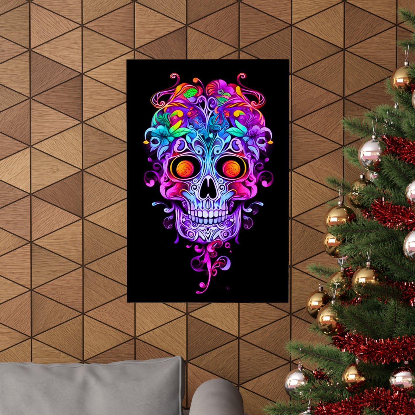 Art Nouveau Delight: Exquisite Neon Sugar Skull with Intricate Vines and Ornate Filigree