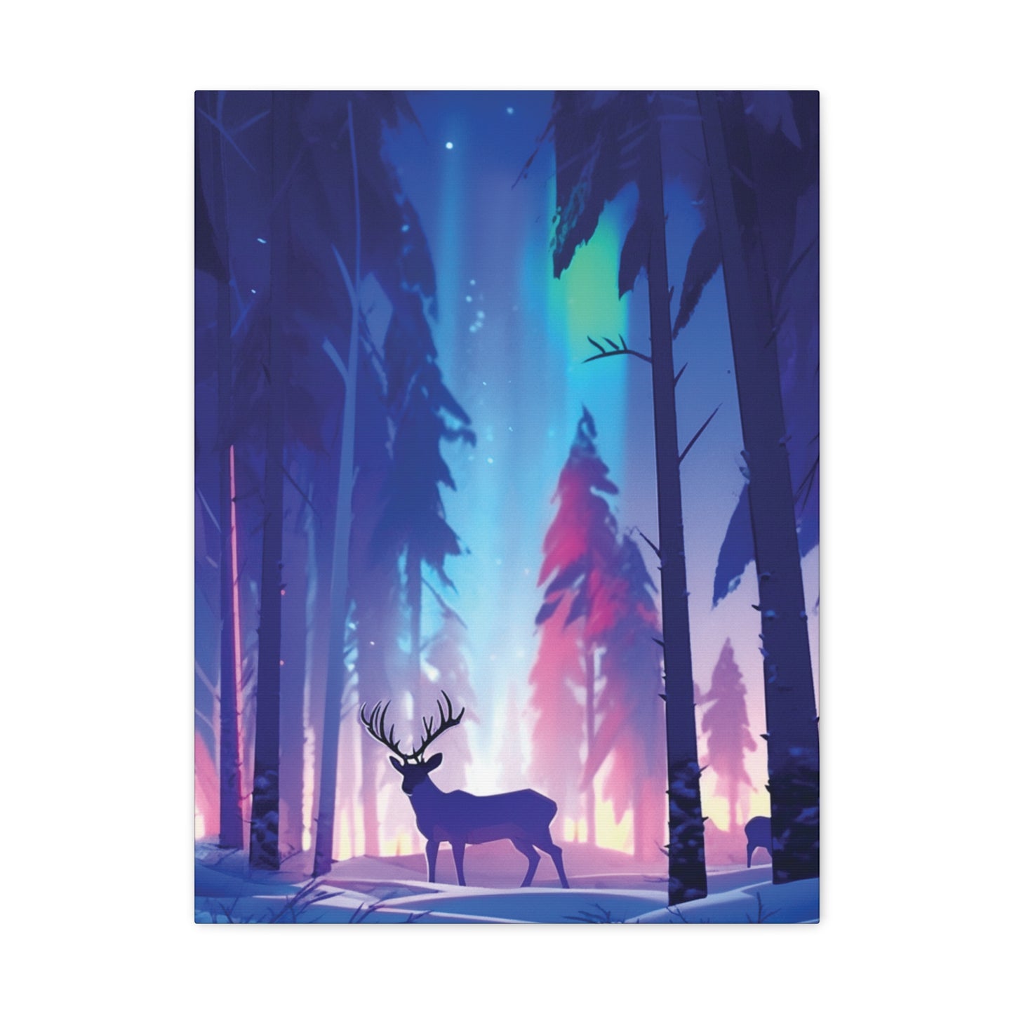 Winter Woodland with Reindeer and Dancing Northern Lights