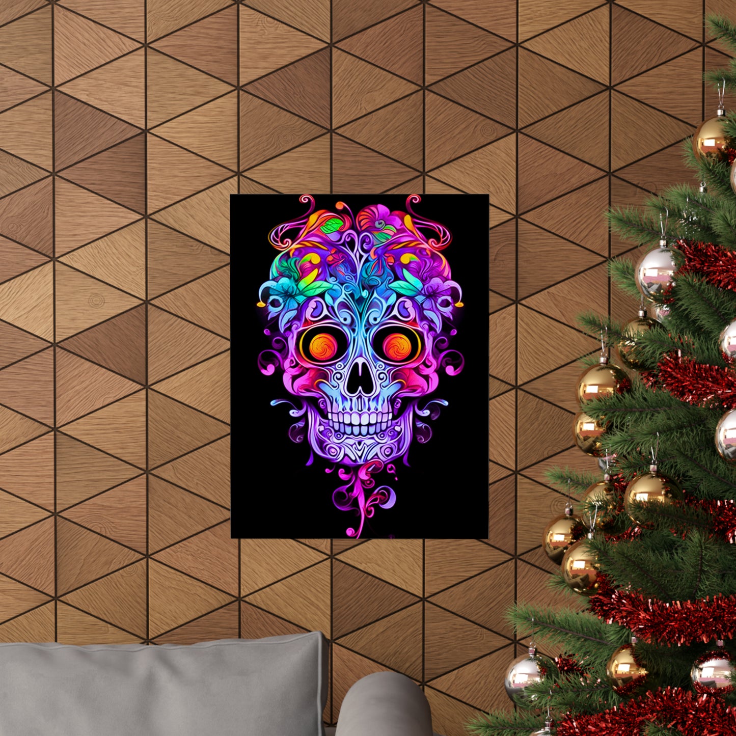 Art Nouveau Delight: Exquisite Neon Sugar Skull with Intricate Vines and Ornate Filigree