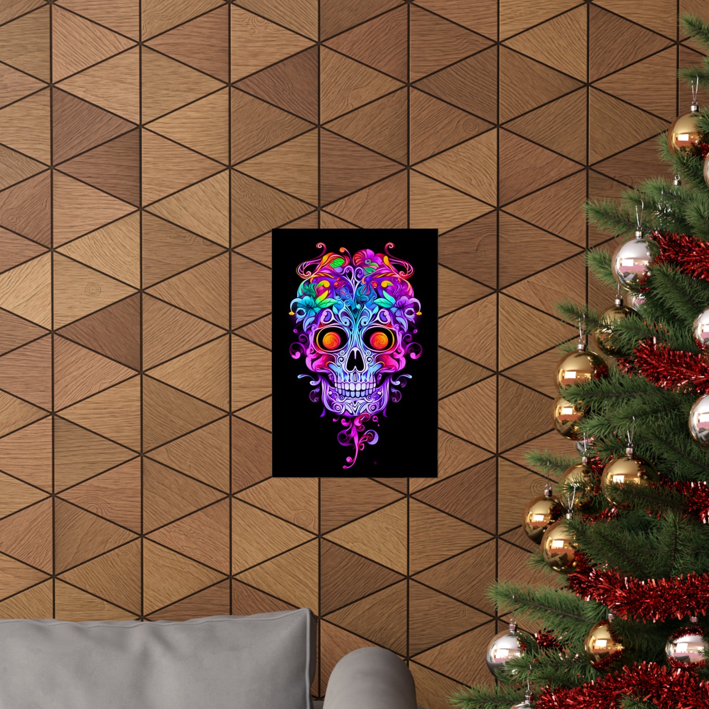 Art Nouveau Delight: Exquisite Neon Sugar Skull with Intricate Vines and Ornate Filigree